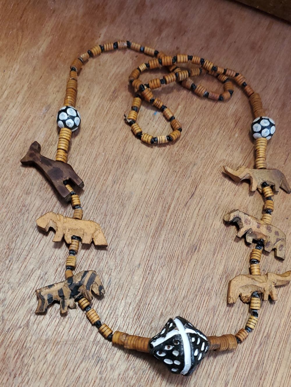 Handcrafted Wooden Elephant Bead Necklace in Natural Tan and Black D